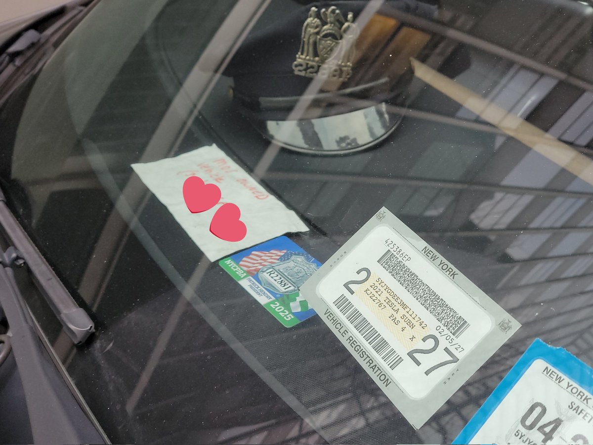 placardabuse's tweet image. This car that was parked illegally in a No Standing zone had a retiree @NYCPBA &quot;courtesy&quot; card, a @NYPDnews #FancyHat, and a handwritten note claiming to be a member of service with a phone number on the dashboard.

#CultureOfCorruption
@DOI_OIGNYPD