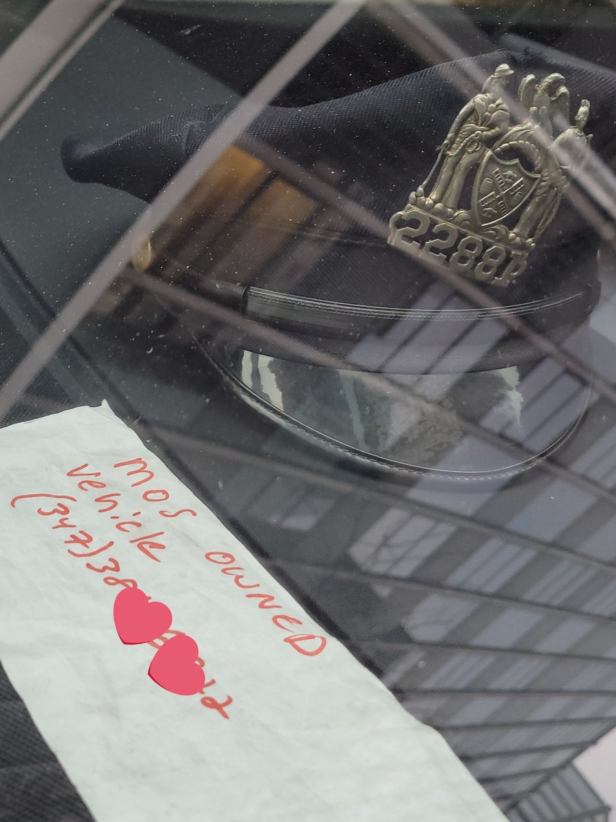 placardabuse's tweet image. This car that was parked illegally in a No Standing zone had a retiree @NYCPBA &quot;courtesy&quot; card, a @NYPDnews #FancyHat, and a handwritten note claiming to be a member of service with a phone number on the dashboard.

#CultureOfCorruption
@DOI_OIGNYPD