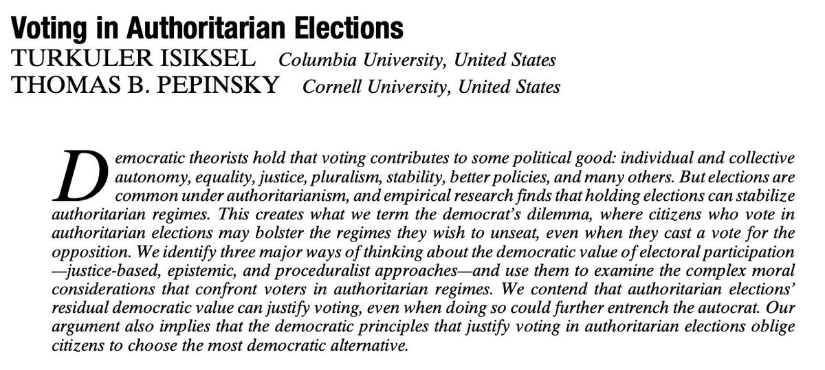 Just published on APSR First View: "Voting in Authoritarian Elections" by Turkuler Isiksel and Thomas Pepinsky. cambridge.org/core/journals/…