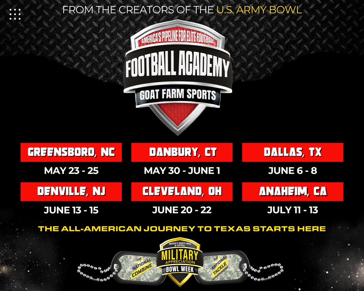 EUCFOOTBALL's tweet image. The All-American journey to Texas starts here. Nominate your region's elite football talent for a potential invite to #TheFootballAcademy via link below. Top performers evaluated for #TheNationalCombine & #MilitaryAppreciationBowl
@GregCooperUSA
forms.gle/3M75194m7Nb5QR…