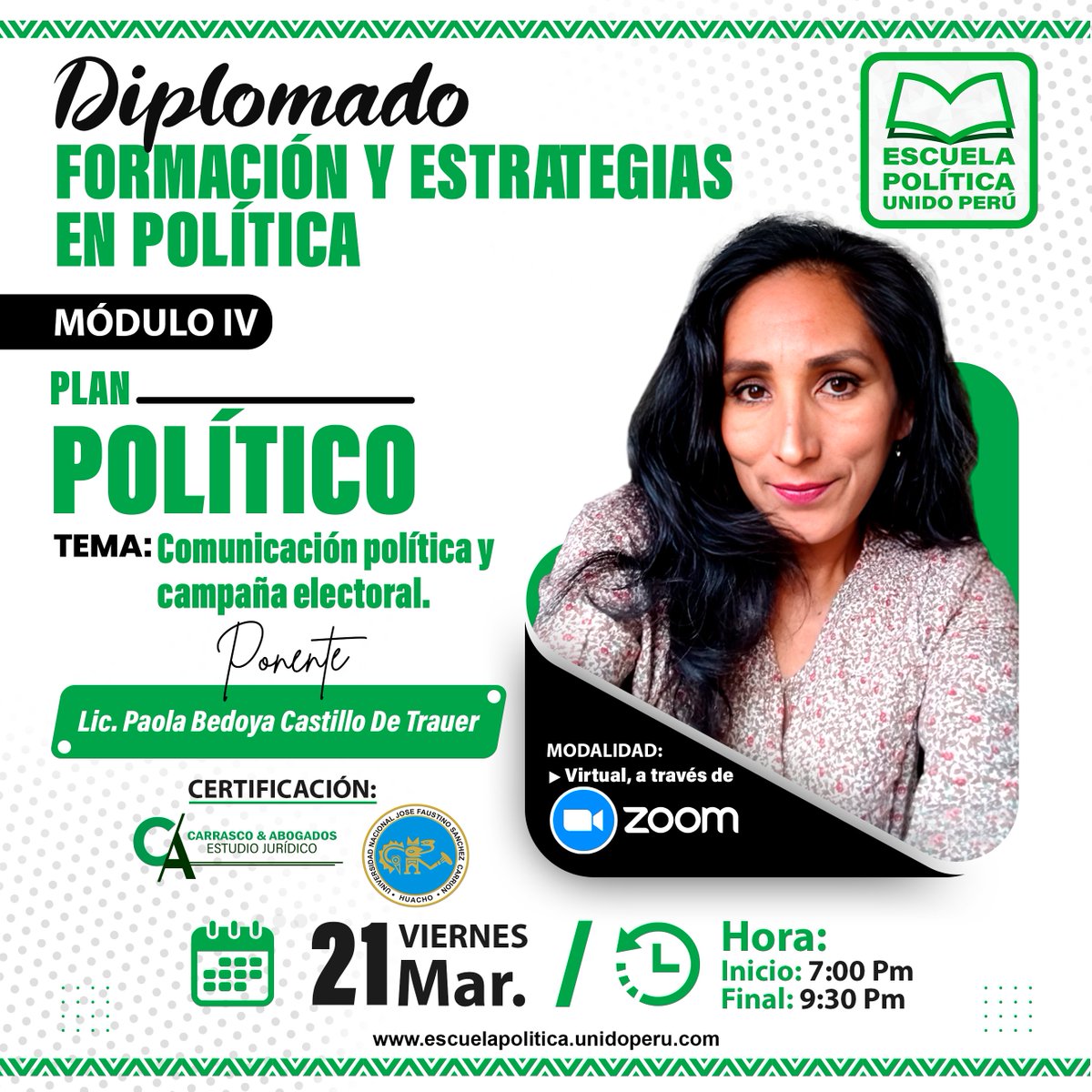 PeruEscuela's tweet photo. 📜 ¡𝐃𝐢𝐩𝐥𝐨𝐦𝐚𝐝𝐨 𝐞𝐧 𝐅𝐨𝐫𝐦𝐚𝐜𝐢ó𝐧 𝐲 𝐄𝐬𝐭𝐫𝐚𝐭𝐞𝐠𝐢𝐚𝐬 𝐞𝐧 𝐏𝐨𝐥í𝐭𝐢𝐜𝐚! 🏛️🇵🇪
📢 𝐓𝐞𝐦𝐚: Comunicación política y campaña electoral.
👨🏻‍🏫 𝐏𝐨𝐧𝐞𝐧𝐭𝐞: Lic. Paola Raquel Bedoya Castillo De Trauer.
📅 𝐅𝐞𝐜𝐡𝐚: Viernes 21 de Marzo / 🕖 𝐇𝐨𝐫𝐚: 7:00 Pm. https://t.co/BmbFhN83kh