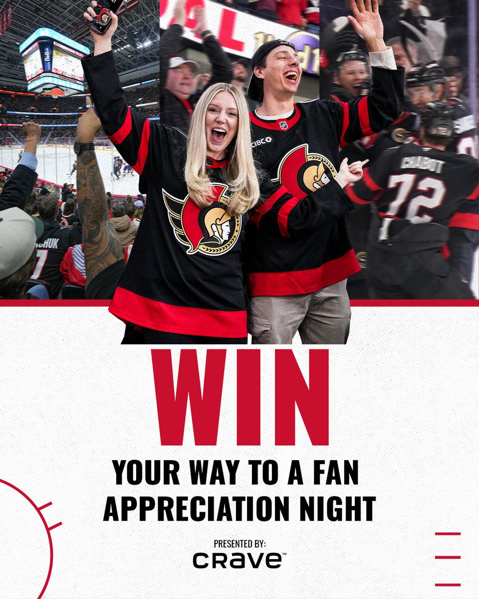 Senators's tweet photo. Win YOUR Way🫵 to one of our Fan Appreciation Nights to finish off the regular season on April 17 courtesy of @CraveCanada! 🚨 

Prizes include Club Bell tickets, Concourse Level Suites, 100L bowl tickets and a 3-Month subscription to Crave!

Enter NOW: https://t.co/W1OZ2GRPIf https://t.co/mbIEJGVn60