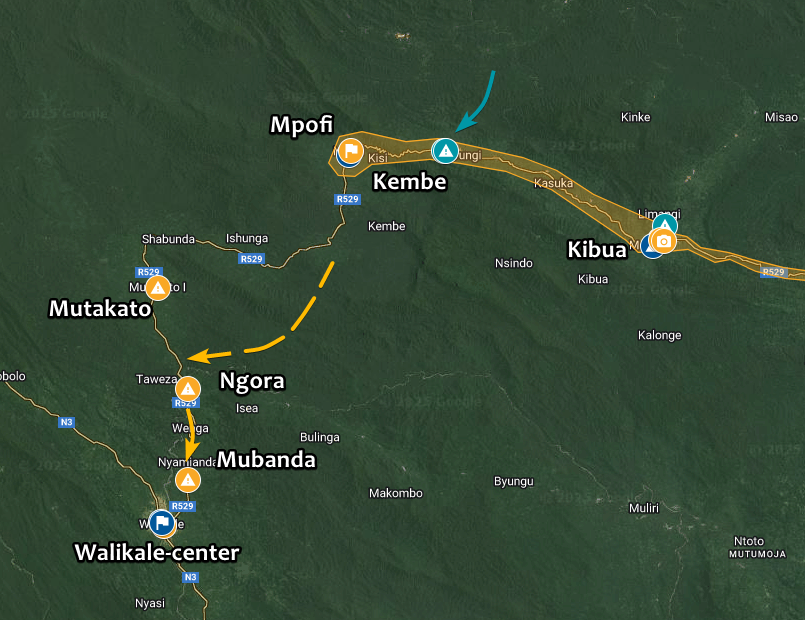 Intelynx's tweet photo. 🇨🇩 #DRC | The situation on the RP529 road continues to be unclear. #M23 rebels are reported to now be in #Ngora and #Mubanda, ~3 km from #Walikale-center, after "advancing through the bush". Rumours that #M23 is inside of the town. #Wazalendo continue to fight around #Kembe. https://t.co/bhJUYeGX4d