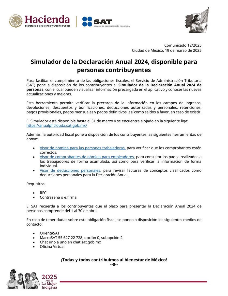 #ComunicadoSAT

El SAT pone a disposición de los contribuyentes el 𝐒𝐢𝐦𝐮𝐥𝐚𝐝𝐨𝐫 𝐝𝐞 𝐥𝐚 𝐃𝐞𝐜𝐥𝐚𝐫𝐚𝐜𝐢𝐨́𝐧 𝐀𝐧𝐮𝐚𝐥 𝟐𝟎𝟐𝟒 𝐝𝐞 𝐩𝐞𝐫𝐬𝐨𝐧𝐚𝐬, una herramienta que permite revisar la información precargada y conocer las actualizaciones para este año. 

Dicha