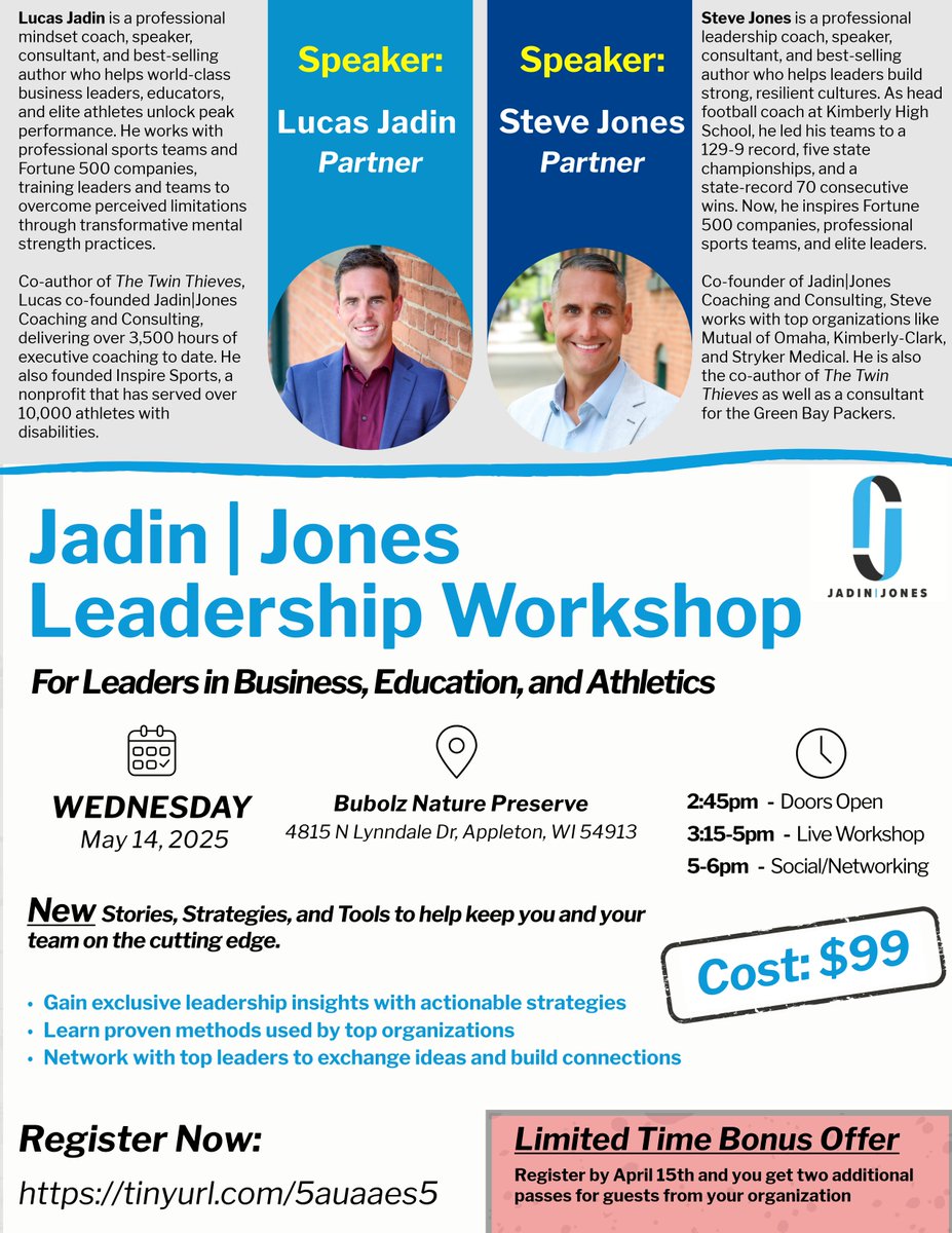 🎟️ Join us for a special Jadin | Jones Live Workshop on Wednesday, May 14, 2025 with doors opening at 2:45pm at the Bubolz Nature Preserve in Appleton.

We will unpack new and exclusive insights along with actionable strategies to help you and your team WIN! Following the