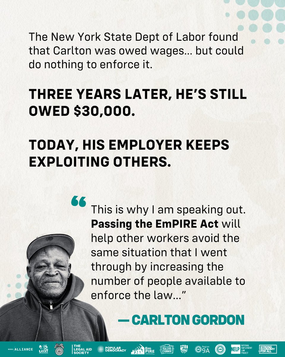 Popular Democracy💥 (@popdemoc) on Twitter photo 🚨 NY’s wage theft crisis stole $50k from Carlton Gordon—a 74−year−old farmworker. 3 years after NYDOL’s ruling, he’s still owed 30k. Employers exploit workers because enforcement is broken.
#EmPIREAct fixes this.
☞ CALL YOUR REP: secure.everyaction.com/p/5O9lufJRtkuu… 🚨 NY’s wage theft crisis stole $50k from Carlton Gordon—a 74−year−old farmworker. 3 years after NYDOL’s ruling, he’s still owed 30k. Employers exploit workers because enforcement is broken.
#EmPIREAct fixes this.
☞ CALL YOUR REP: secure.everyaction.com/p/5O9lufJRtkuu…