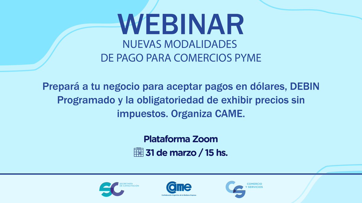 ¿QUERÉS ACEPTAR PAGOS EN USD EN TU COMERCIO?

📅 El 31/3 sumate a este webinar organizado por <a href="/redcame/">CAME</a> y conocé las claves de las nuevas normativas para recibir pagos en moneda extranjera.

🔗 Más detalles e inscripción: bit.ly/WebinPagos