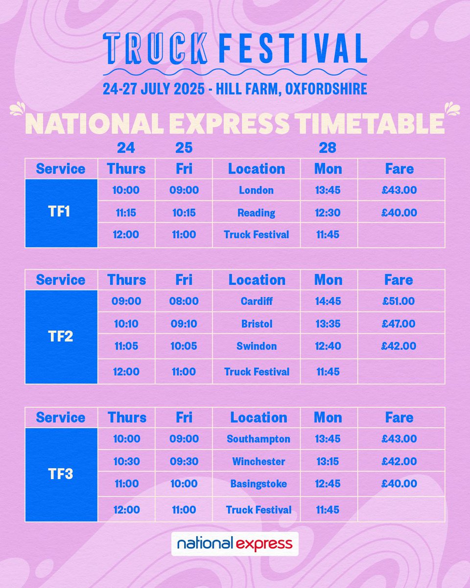 If you haven't sorted your travel to the festival yet, we've partnered with National Express to get you to Truck from these locations!! 🚛

Whether you're arriving to site on the Thursday 24th or Friday 25th, we have return coach options for you - truckfestival.com/tickets/