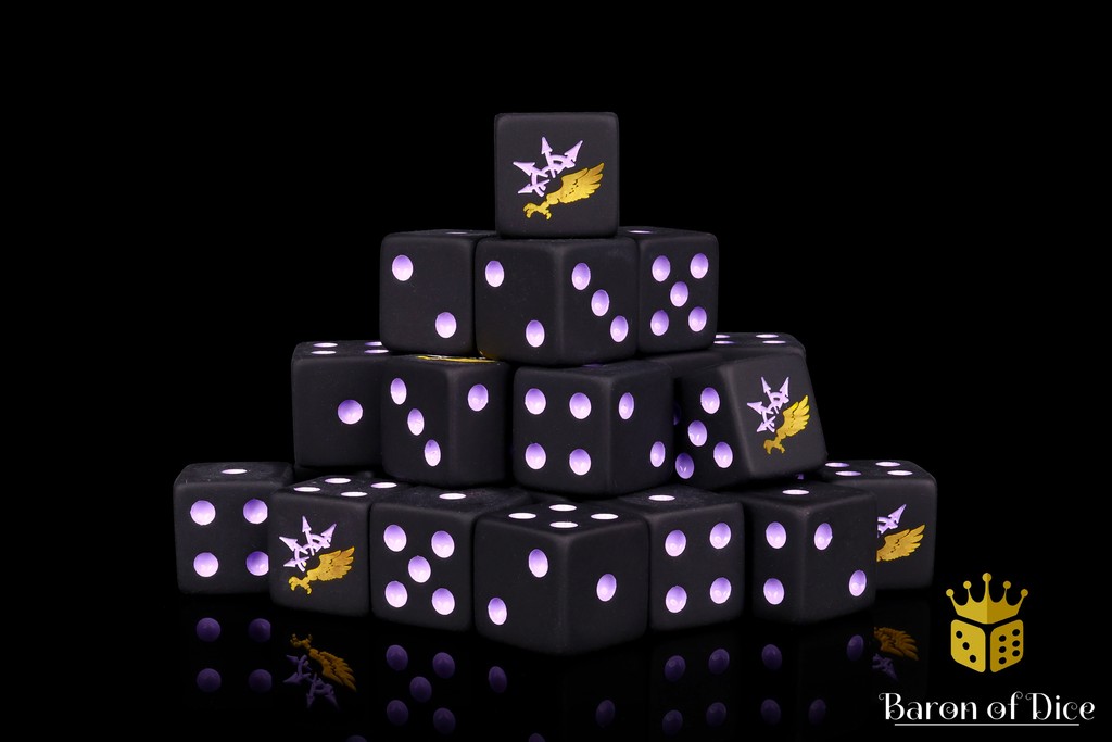 Baron Of Dice (@baronofdice) on Twitter photo Available now, our new Children of Chaos dice - with a matte black finish and a wickedly cool dual inlay of bright purple on the pips, and a pop of gold on the six side, these dice are the perfect way to strive towards perfection. Available now, our new Children of Chaos dice - with a matte black finish and a wickedly cool dual inlay of bright purple on the pips, and a pop of gold on the six side, these dice are the perfect way to strive towards perfection.