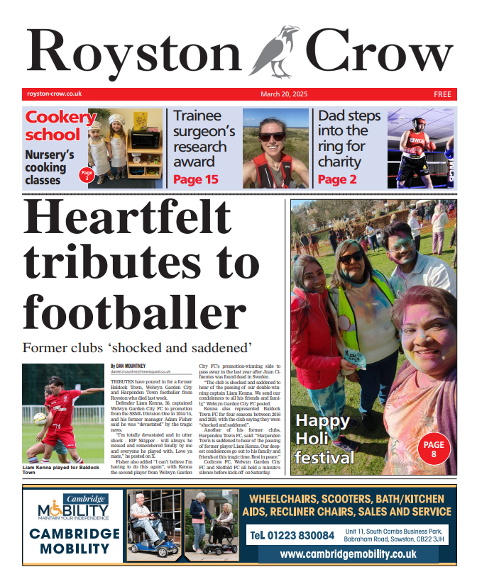 In tomorrow's Crow...🐦‍⬛#TomorrowsPapersToday
⚽️Heartfelt tributes to footballer
🎉Holi celebrations in Royston
🥊Dad's charity boxing challenge
And more! Pick up your copy tomorrow
