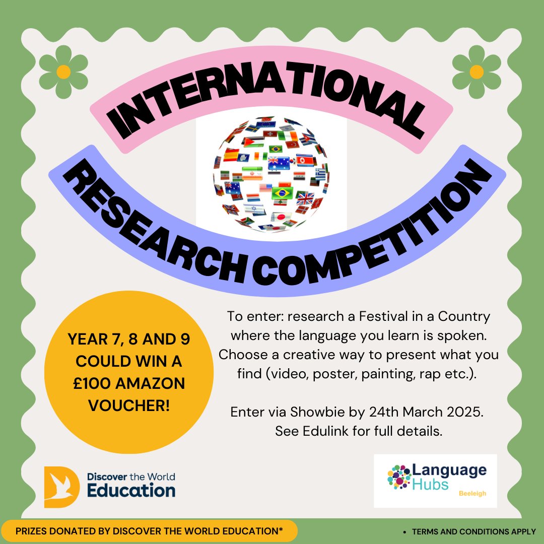 angloeuropean73's tweet image. Language Hub Competition / Year 7, 8 &amp;amp; 9 Students! 

🎁 WIN a £100 Amazon Voucher! 🎁

How to enter: 1️⃣ Research a festival from a country where the language you learn is spoken.
2️⃣ Find a creative way to present.

Good luck!
#LanguageHubs #FestivalFun #CreativeCompetition #NCLE