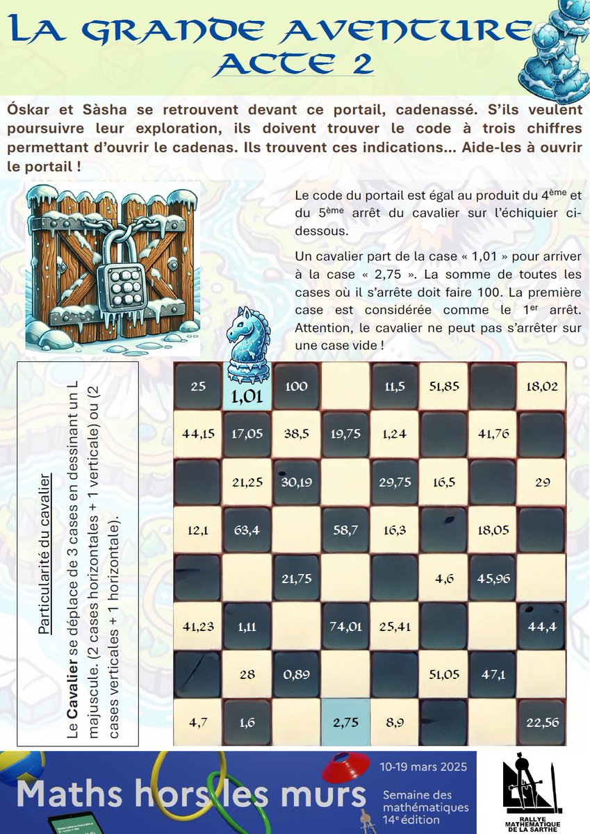 RallyeMath72's tweet image. Alors, cette semaine des mathématiques 📅?

→ Qu'avez-vous trouvé à l'énigme de l'acte 2 ?
→ Avez-vous aidé correctement Óskar et Sàsha pour ouvrir le cadenas 🔒?
Quel est donc ce code à 3 chiffres ?

On attend vos propositions ⤵️
Si ce n'est pas encore fait : À vous de jouer !