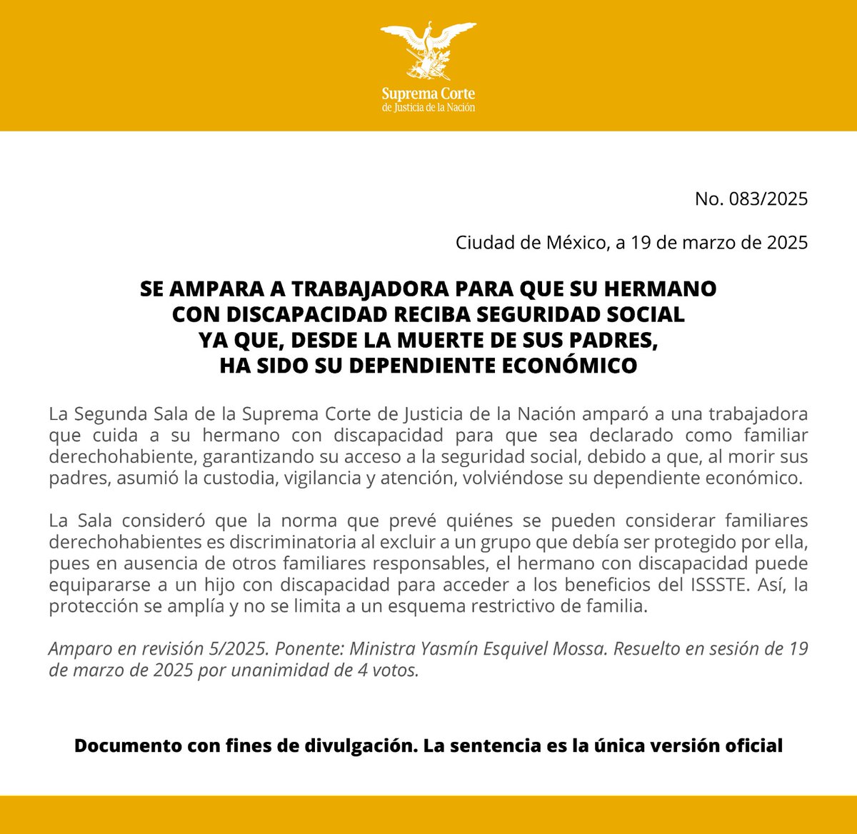 SCJN's tweet photo. #SegundaSalaSCJN amparó a una trabajadora para que el @ISSSTE_mx considere como derechohabiente a su hermano con discapacidad, con el fin de garantizar su derecho a la seguridad social. 
🔗https://t.co/NjskfyireB https://t.co/Zo6phkIPfI