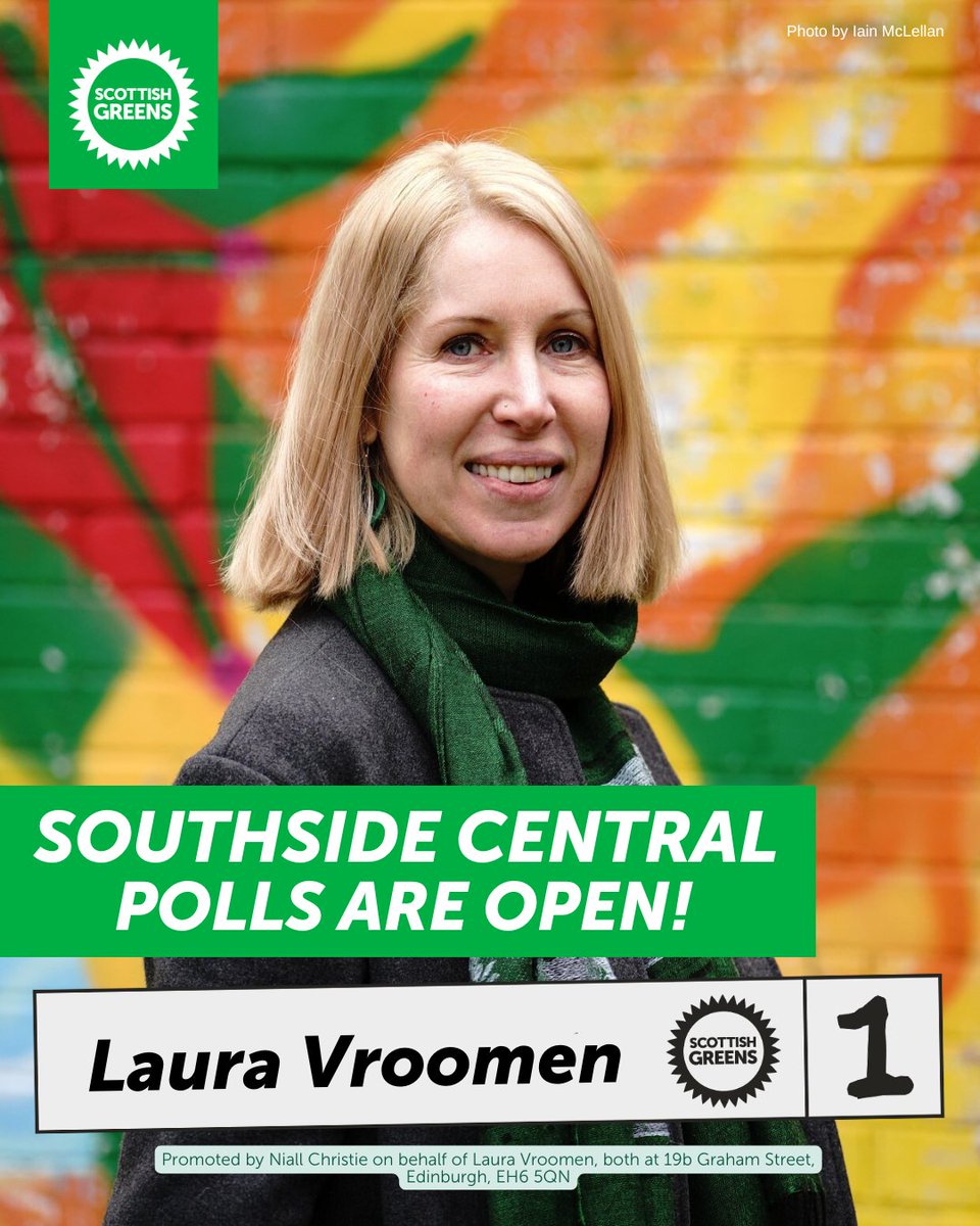 Glasgow Green Party (@glasgowgreens) on Twitter photo Polls are open in the Southside Central by-election (7am-10pm)!
If you live in Govanhill, the Gorbals, Oatlands, Crosshill, Laurieston, Hutchesontown or elsewhere in the ward make sure to Vote Laura Vroomen #1 <a href="/scottishgreens/">Scottish Greens</a> for a fairer andย greenerย city. Polls are open in the Southside Central by-election (7am-10pm)!
If you live in Govanhill, the Gorbals, Oatlands, Crosshill, Laurieston, Hutchesontown or elsewhere in the ward make sure to Vote Laura Vroomen #1 <a href="/scottishgreens/">Scottish Greens</a> for a fairer andย greenerย city.
