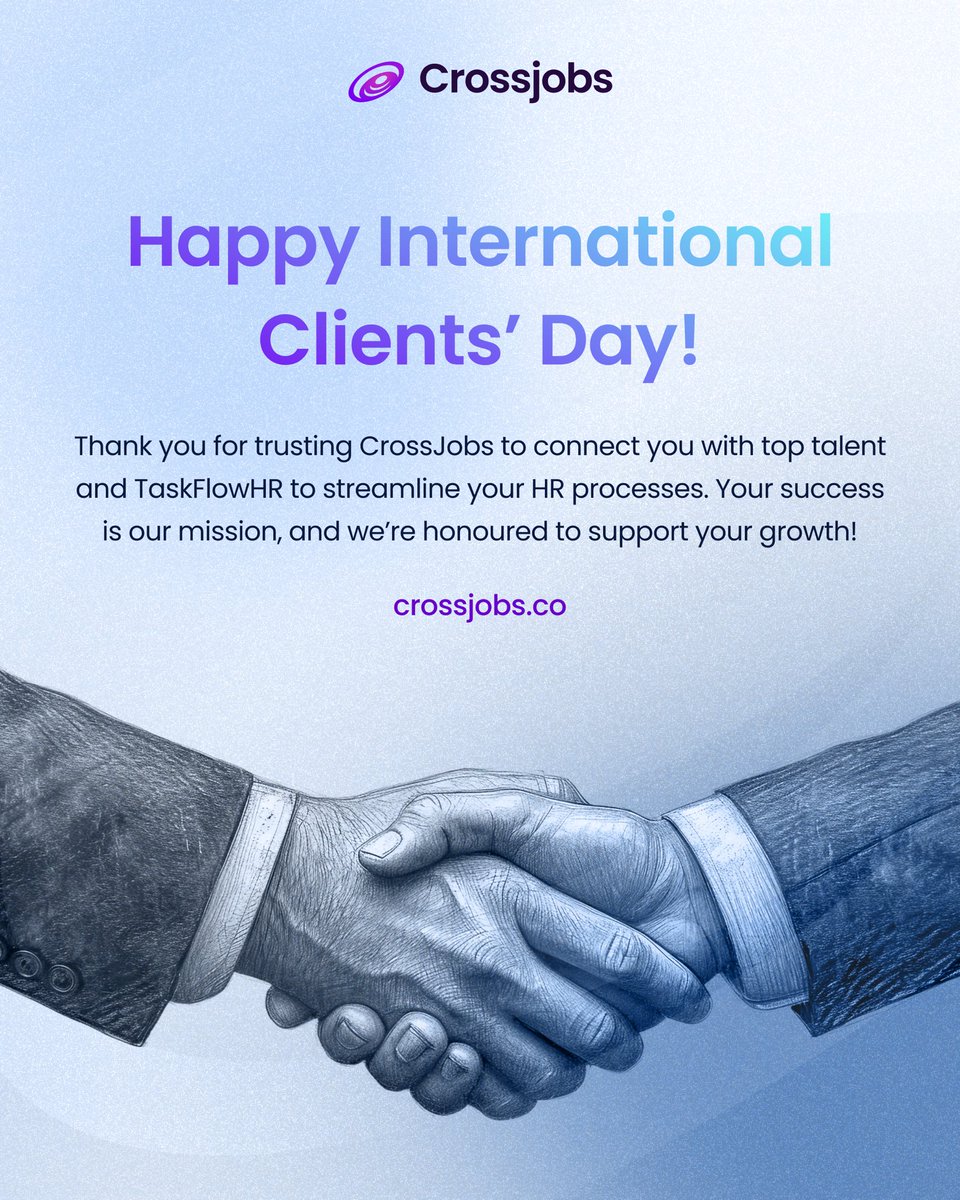zunohire's tweet photo. 🌟 Happy International Clients’ Day! 🌟
Today, we celebrate and appreciate you—our valued clients! Thank you for trusting CrossJobs to connect you with top talent and TaskFlowHR to streamline your HR processes.
#InternationalClientsDay #SmartHiring #CrossJobs #Taskflow https://t.co/FS8pg4Dx5t