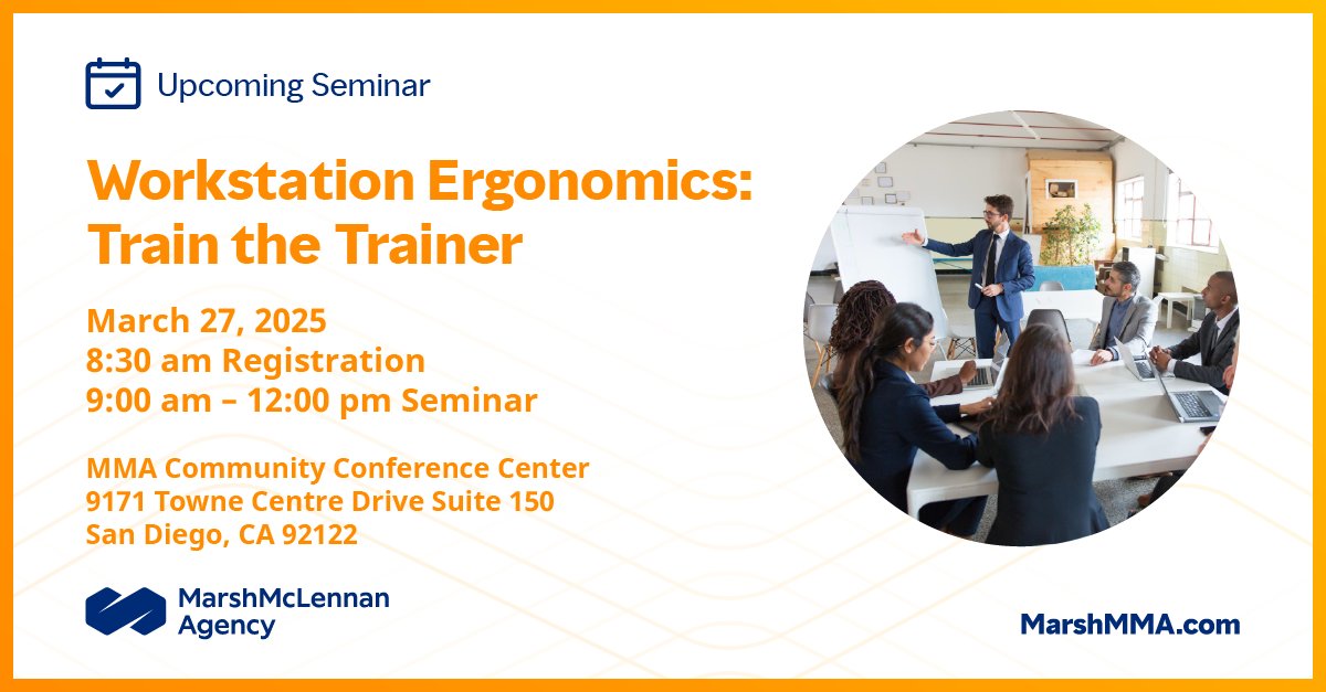 Last call to register for the March 27th #WorkstationErgonomics Seminar in San Diego! Register now to save your seat! bit.ly/43evUjs #MarshMMA #workplacesafety