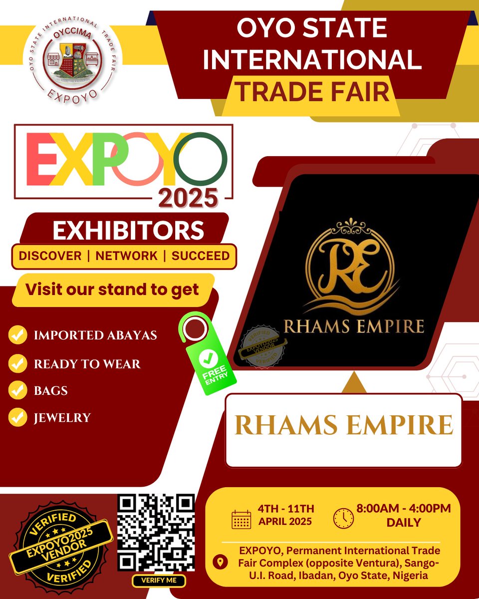 oyotradefair's tweet photo. Meet one of our Exhibitors RHAMS EMPIRE

At the forthcoming Oyo State International Trade Fair 2025 (EXPOYO2025) they will be showcasing their business products and services to a global audience.

Visit their exhibition stand during the trade fair and get lots of amazing offers https://t.co/5mziC5vvpn