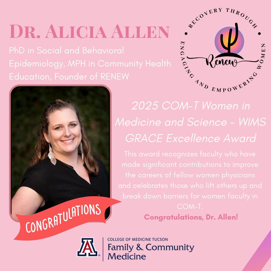 renewteamUA's tweet photo. We would like to congratulate our very own founder and director of the RENEW Team, Dr. Alicia Allen, for being awarded the 2025 COM-T Women in Medicine and Science- GRACE Excellence Award! 

#WomenWhoLead #RENEWTeam #Renew #Uarizona #universityofarizona #WomenInSTEM https://t.co/hQS9NrKvrv