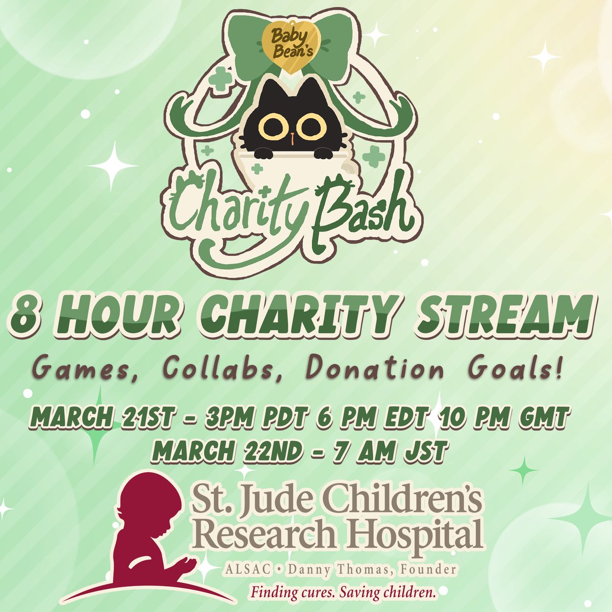 🐈‍⬛ BABY BEAN'S CHARITY BASH 🐈‍⬛

To celebrate Baby Bean's memory, I'll be doing my first ever charity stream to raise money for St. Jude's Children's Research Hospital! There will be games, guests, and lots of fun donation goals over the course of an 8 hour stream! I hope to see