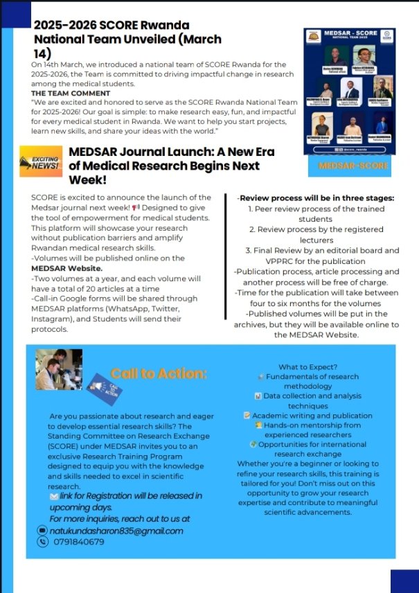 SCORE_RWANDA's tweet image. MEDSAR SCORE Newsletter is Out! 🚀HELLO MEDSARians! Stay ahead in medical research with the latest updates. 🌍 What’s Inside?
 Exciting research opportunities
Meet the 25/26 SCORE Rwanda National Team  💙The MEDSAR Journal launch is here!Don’t miss out—read the full newsletters