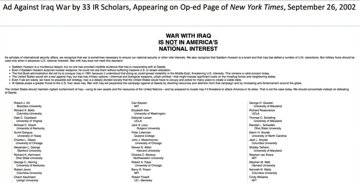 On the anniversary of the 2003 Iraq war, I'm again reposting the anti-war ad in the <a href="/nytimes/">The New York Times</a> that I co-organized with 2 colleagues and which was signed by 33 IR scholars: "War in Iraq Is NOT in America's National Interest." Huge, avoidable disaster for the ME and world order.