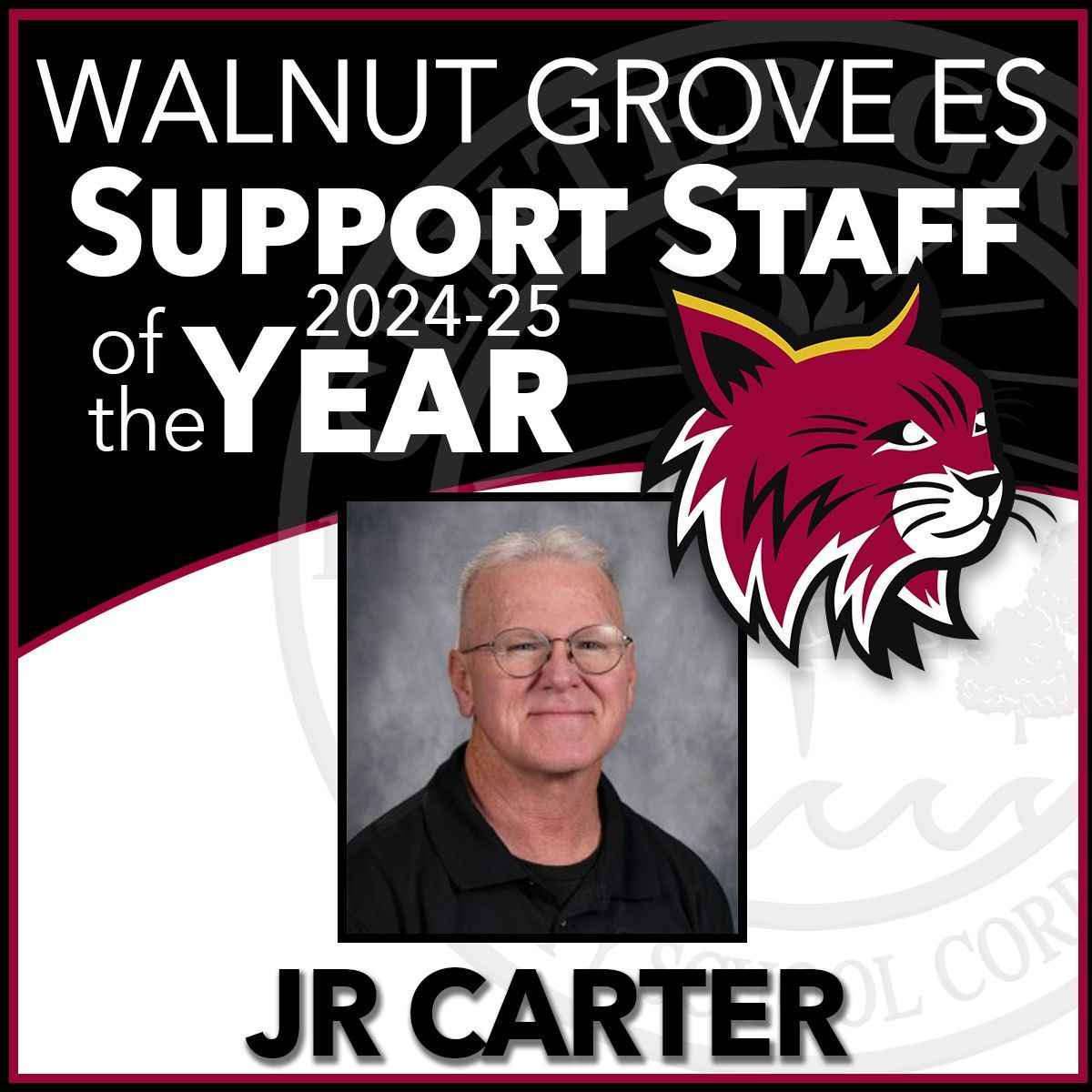 Congratulations to JR Carter, Walnut Grove Elementary's 2024-25 Building Support Staff Employee of the Year! 🌟 🎉 👏