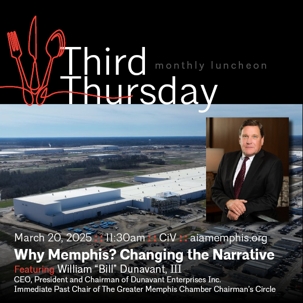 AIAMemphis's tweet photo. Third Thursday: "Why Memphis? Changing the Narrative" with William "Bill" Dunavant, III, CEO, President and Chairman of Dunavant Enterprises Inc. and Immediate Past Chair of The Greater Memphis Chamber Chairman's Circle https://t.co/BNkbj8VJMj https://t.co/1bw5xO3lxQ