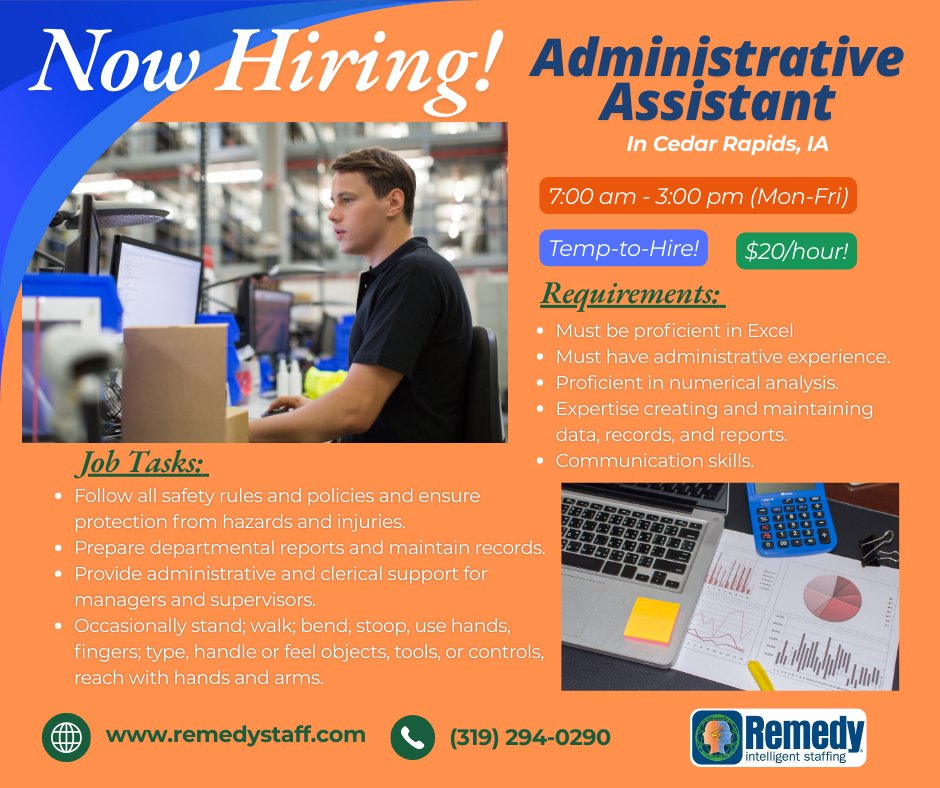 RemedyIowaCity's tweet photo. Exciting clerical opportunity at Remedy!🌟
Are you a pro at admin tasks, Excel, and numbers? 💻 Don't miss this temp-to-hire opportunity!
$20/hr, Mon-Fri, 7am-3pm, in Cedar Rapids, IA.
Apply now on our website or call us today! 📲
#RemedyStaffing #StaffingAgency #applyonline... https://t.co/c8r5hkuWtB