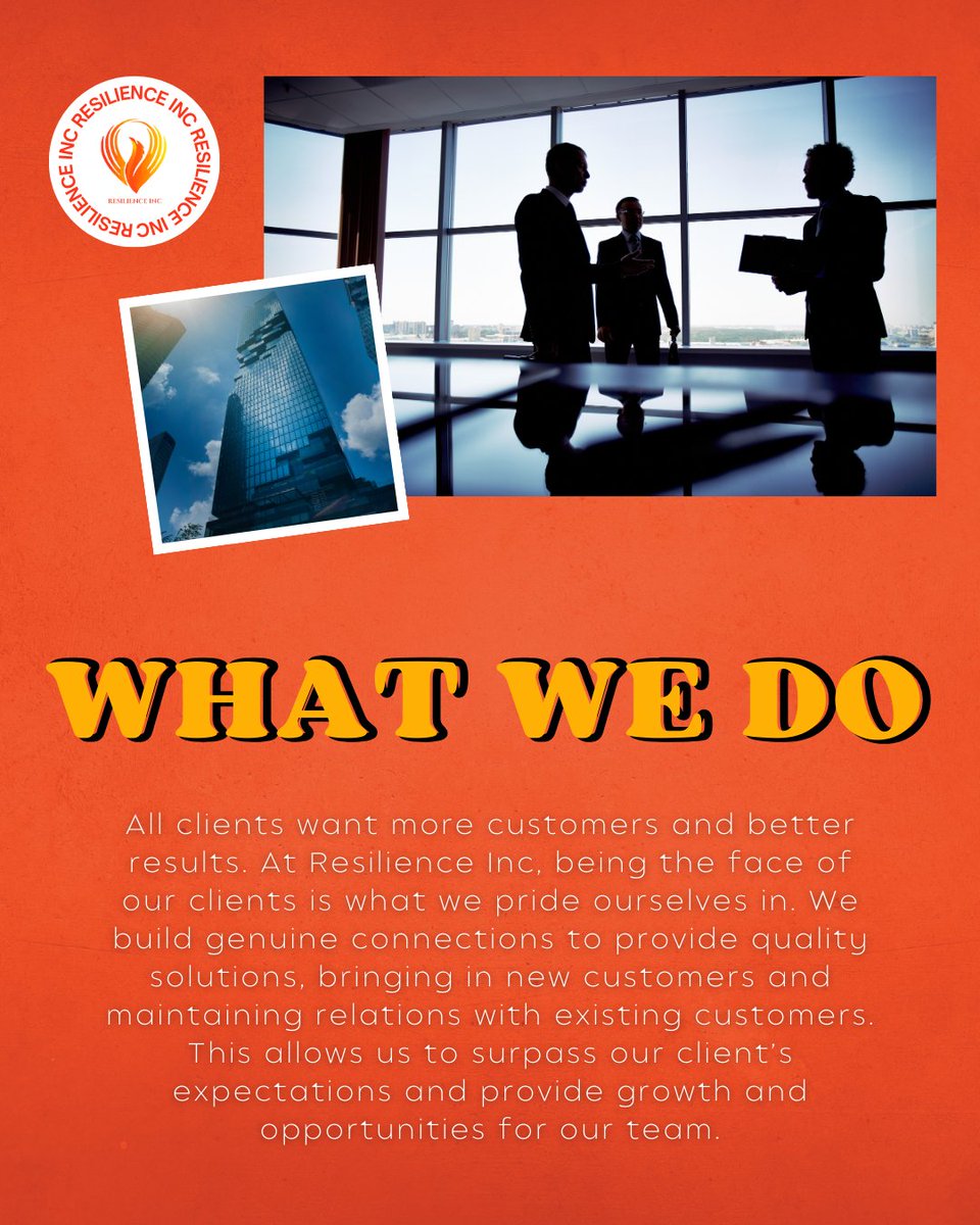 ResilienceIncTN's tweet photo. At Resilience Inc., we don’t just represent our clients—we become the face of their brand. 🤝✨ By building genuine connections and delivering quality solutions, we drive growth, bring in new customers, and exceed expectations. 

#resilienceinc #buildingconnections #drivinggrowth https://t.co/10cxtO80IZ