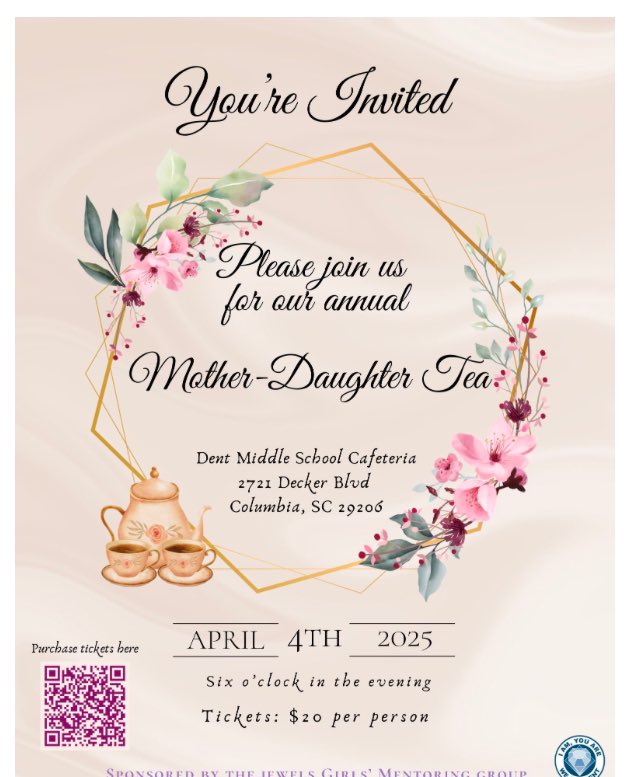 You are invited to Dent Middle School Jewels Mentorship Club Mother - Daughter Tea!

Click the link below to buy tickets.

studentquickpay.com/richland2/MyAc…