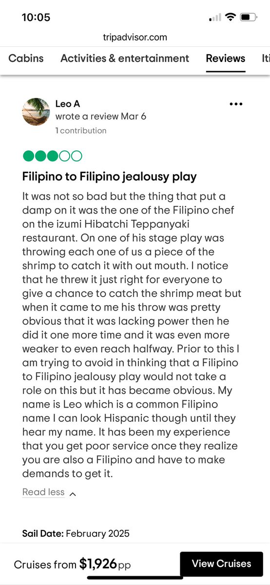 Was messing around on Trip Advisor and found this excellent cruise ship review