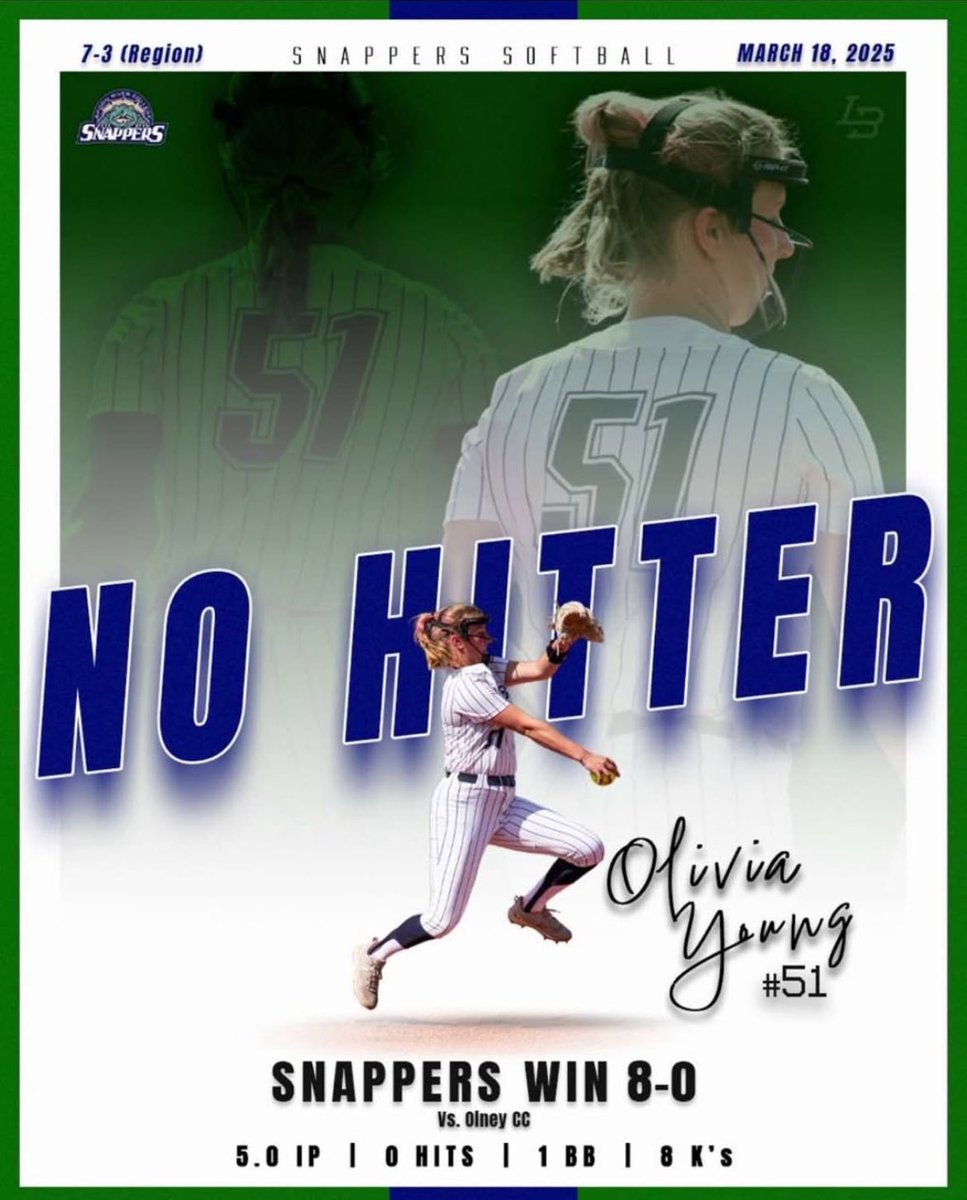 Olivia doing what Olivia does! 🤩 

Congratulations to our freshman pitcher, Olivia Young on her first college no hitter! 

#rollsnappers