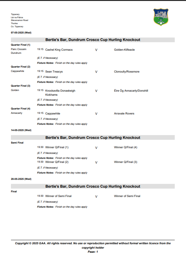 West Tipperary GAA (@westtippgaa) on Twitter photo Bertie's Bar, Dundrum Crosco Cup 2025 Fixtures
<a href="/PremierviewPod/">The Premier 'View'</a> <a href="/kickham_gaa/">Knockavilla Donaskeigh Kickhams GAA</a> <a href="/tipp_echo/">TippEcho</a> <a href="/NenaghGuardian/">NenaghGuardian</a> Bertie's Bar, Dundrum Crosco Cup 2025 Fixtures
<a href="/PremierviewPod/">The Premier 'View'</a> <a href="/kickham_gaa/">Knockavilla Donaskeigh Kickhams GAA</a> <a href="/tipp_echo/">TippEcho</a> <a href="/NenaghGuardian/">NenaghGuardian</a>