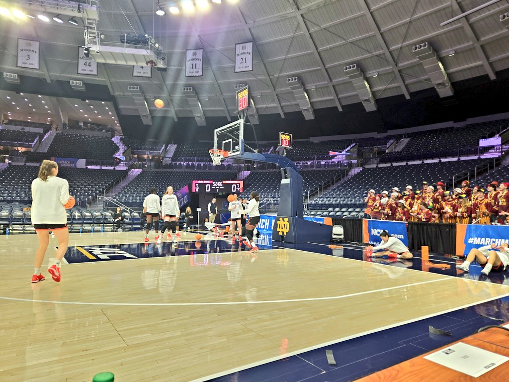The Iowa State band is stationed right here and has been counting Princeton's misses during warmups.