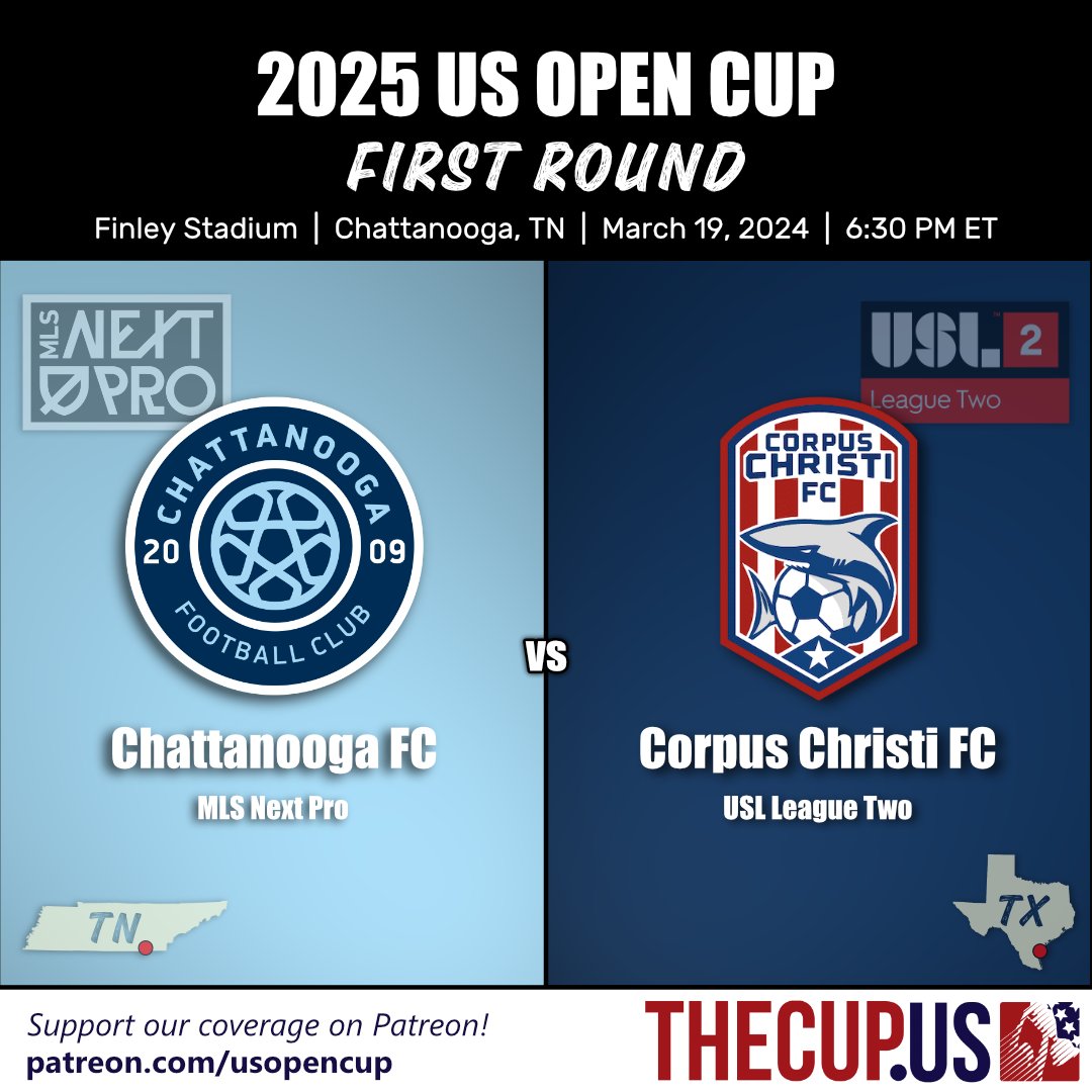 #USOC2025 R1: <a href="/ChattanoogaFC/">Chattanooga FC</a> (MLSNP) hosts <a href="/corpuscfc/">Corpus Christi FC</a> (USL2) at the bottom of the hour from historic Finley Stadium. || BROADCAST (YT) >> youtube.com/watch?v=E4F_vL…