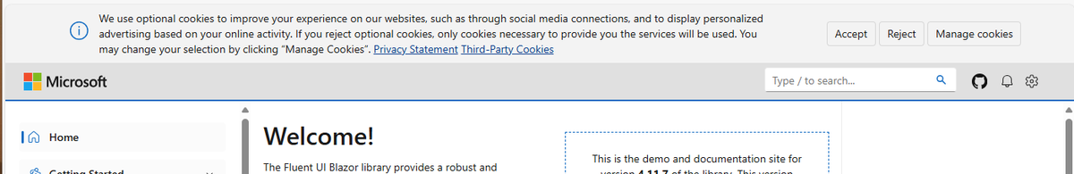 vnbaaij's tweet image. Out now: The Microsoft Fluent UI #Blazor library v4.11.7! The demo site is all grown up now and has a real cookie consent flow. Also new icons and 14 PRs merged. See fluentui-blazor.net/WhatsNew for the details. Packages are available on NuGet now.