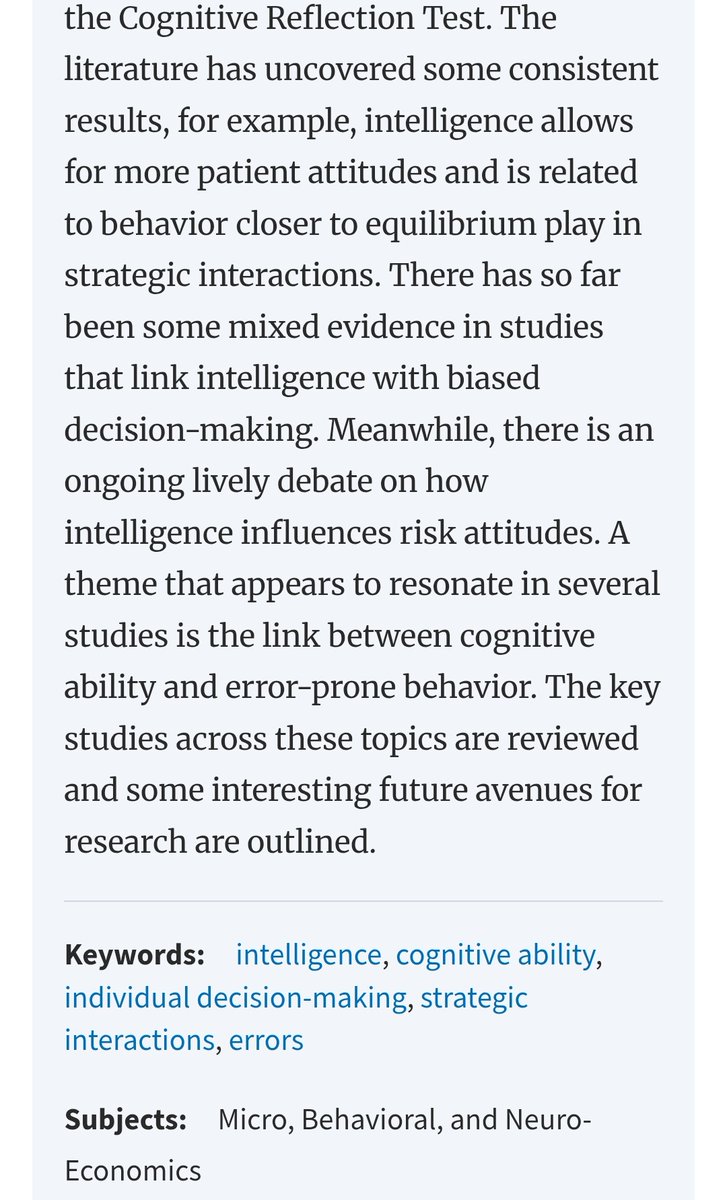 Garett Jones (@garettjones) on Twitter photo "The literature has uncovered some consistent results, for example, intelligence allows for more patient attitudes and is related to behavior closer to equilibrium play in strategic interactions."
-- <a href="/sof_andis/">Andis Sofianos</a>, from "Intelligence in Experimental Economics," <a href="/OxUniPress/">Oxford University Press</a> "The literature has uncovered some consistent results, for example, intelligence allows for more patient attitudes and is related to behavior closer to equilibrium play in strategic interactions."
-- <a href="/sof_andis/">Andis Sofianos</a>, from "Intelligence in Experimental Economics," <a href="/OxUniPress/">Oxford University Press</a>