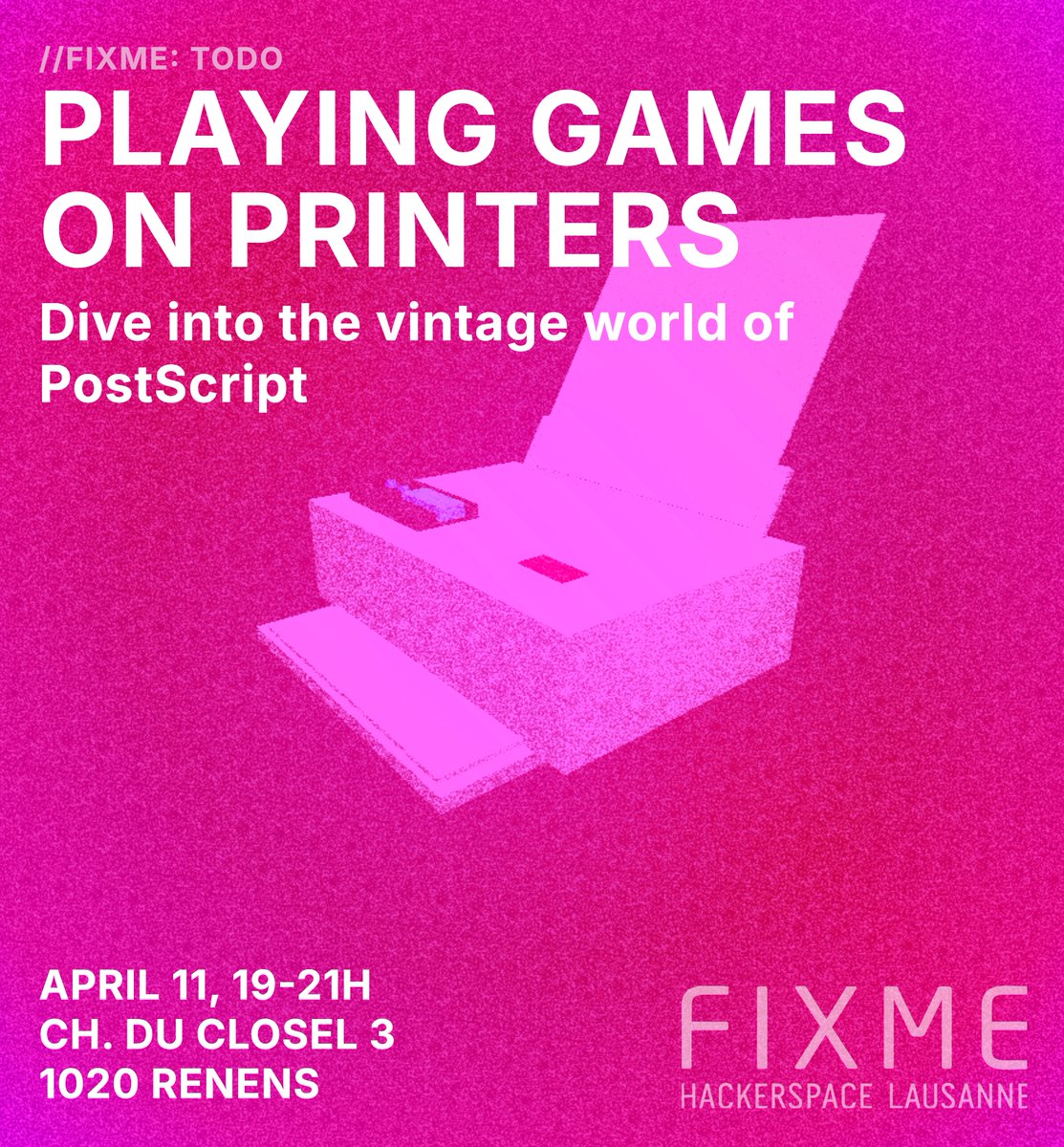 Le Hackerspace Fixme vous invite pour une conférence de Retro Coding Fun.

Plongez dans le monde vintage de Postscript au travers de 2 jeux s'exécutant sur imprimante, la transformant en une console de jeux.

Nicolas Seriot présentera le vendredi 11 avril 2025 à partir de 19h.