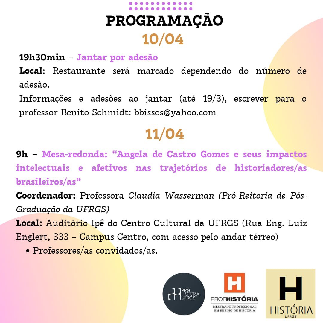 Nos dias 10 e 11 de abril de 2025, a professora Ângela de Castro Gomes estará sendo homenageada e recebendo o título de Doutora Honoris Causa. A programação está imperdível.