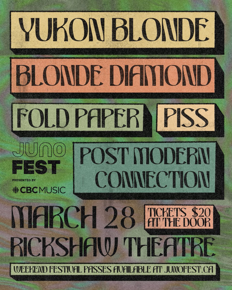 Rickshaw Theatre (@rickshawtheatre) on Twitter photo <a href="/JUNOfest/">JUNOfest Presented by CBC Music</a> is almost here!
<a href="/yukonblonde/">Yukon Blonde</a> with <a href="/bldiamondmusic/">Blonde Diamond</a>, <a href="/FoldPaperMusic/">Fold Paper</a>, PISS and Post-Modern Connection will be on March 28th.
Passes: junoawards.ca
$20 door tickets
RSVP: bit.ly/41GFWI1
Presented by <a href="/CBCMusic/">CBC Music</a> and <a href="/TheJUNOAwards/">The JUNO Awards</a>
#JUNOS #CBCMusic <a href="/JUNOfest/">JUNOfest Presented by CBC Music</a> is almost here!
<a href="/yukonblonde/">Yukon Blonde</a> with <a href="/bldiamondmusic/">Blonde Diamond</a>, <a href="/FoldPaperMusic/">Fold Paper</a>, PISS and Post-Modern Connection will be on March 28th.
Passes: junoawards.ca
$20 door tickets
RSVP: bit.ly/41GFWI1
Presented by <a href="/CBCMusic/">CBC Music</a> and <a href="/TheJUNOAwards/">The JUNO Awards</a>
#JUNOS #CBCMusic