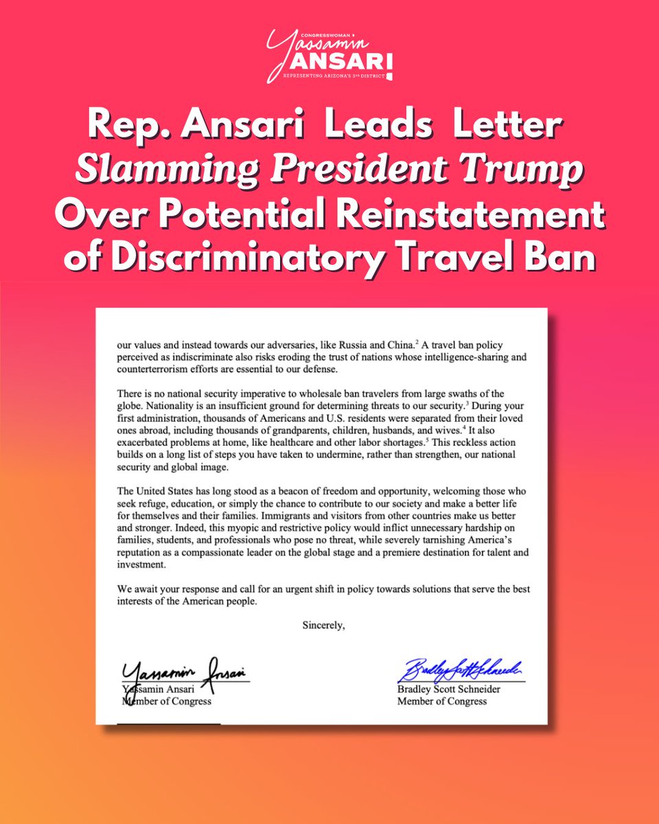 RepYassAnsari's tweet photo. As the daughter of Iranian immigrants, I saw firsthand how Trump’s cruel and xenophobic 2017 travel bans hurt families like mine.

That's why I led over 30 of my colleagues in standing up to President Trump in opposition to the potential reinstatement of his travel ban. https://t.co/pvD7fbZ63l