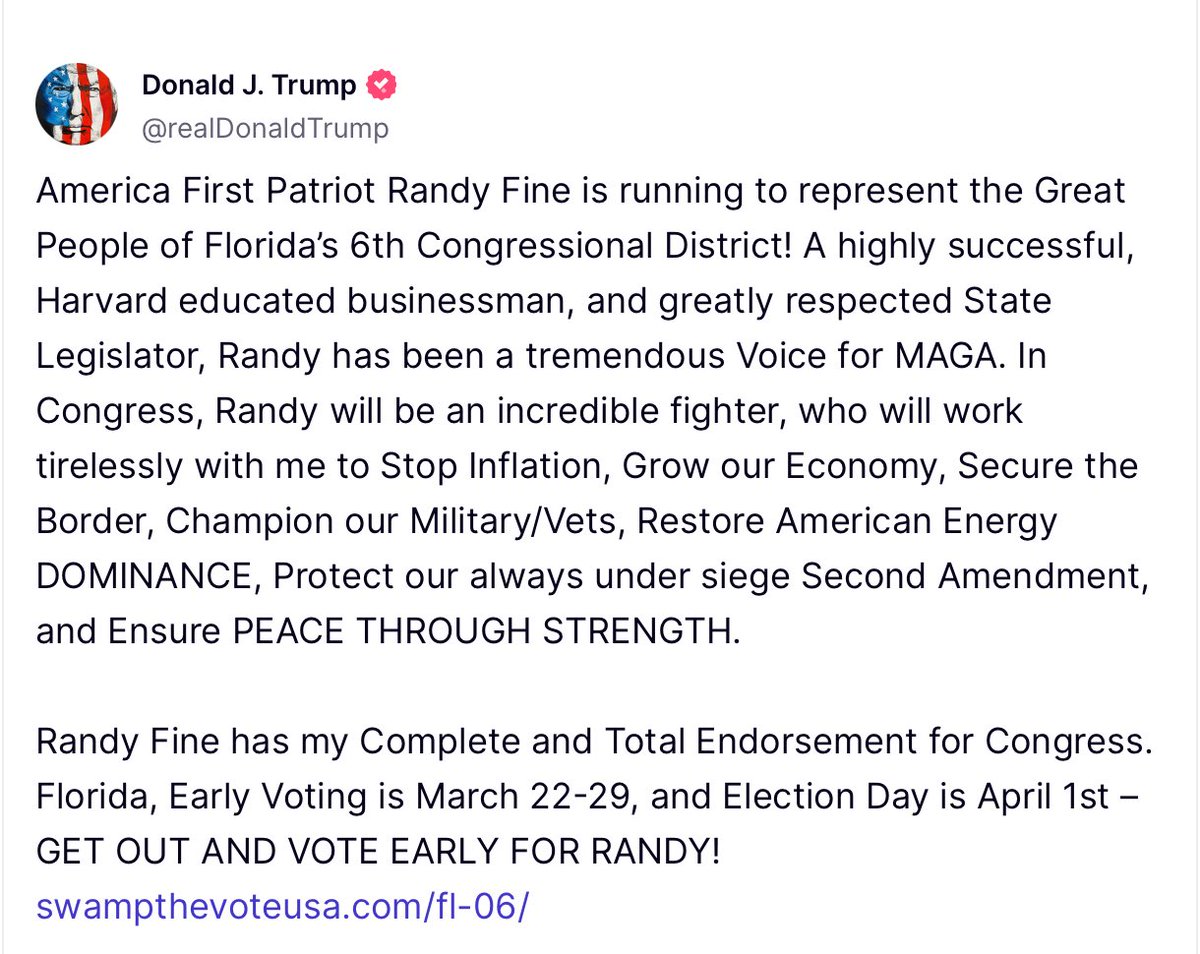 VoteRandyFine's tweet image. Thank you, @realDonaldTrump.   We are fighting for every vote and need to make sure no one takes this for granted!   Early voting starts Saturday and let’s Swamp The Vote!

swampthevoteusa.com/fl-06/