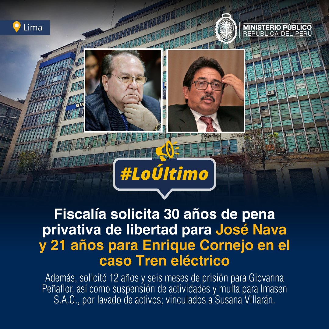 FiscaliaPeru's tweet photo. #LoÚltimo| Equipo Especial Lava Jato solicita 30 años de prisión para José Nava, y 21 años para Enrique Cornejo.  Además, pidió más de 12 años para Giovanna Peñaflor, y la suspensión de actividades y multa para Imasen S.A.C. por lavado de activos; vinculados a Susana Villarán.

📲 Más información ➡️ https://t.co/qTurxRZFKS