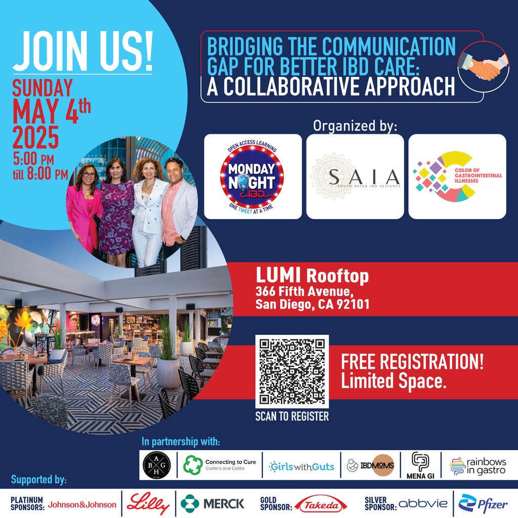 Girls With Guts (@ibdgirls) on Twitter photo Join @southasianibd, <a href="/mondaynightibd/">#MondayNightIBD</a> & <a href="/colorofgi/">Color of Gastrointestinal Illnesses</a> for Bridging the Communication Gap for Better IBD Care: A Collaborative Approach on Sunday, May 4 from 5:00 ā 8:00pm PST at LUMI Rooftop in San Diego!
Register for free here:
eventbrite.com/e/bridging-the⦠Join @southasianibd, <a href="/mondaynightibd/">#MondayNightIBD</a> & <a href="/colorofgi/">Color of Gastrointestinal Illnesses</a> for Bridging the Communication Gap for Better IBD Care: A Collaborative Approach on Sunday, May 4 from 5:00 ā 8:00pm PST at LUMI Rooftop in San Diego!
Register for free here:
eventbrite.com/e/bridging-theā¦