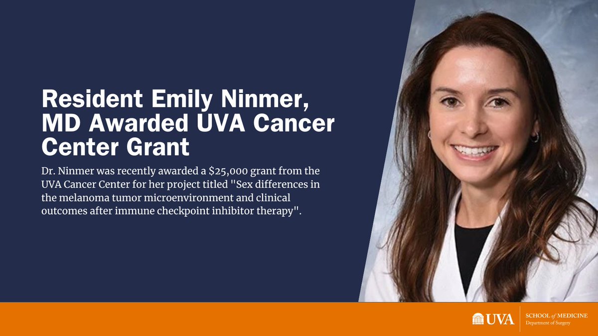 UVA Surgery (@uvasurgery) on Twitter photo Congratulations to Resident Emily Ninmer, MD for receiving a $25,000 Grant from the UVA Cancer Center for her work on "Sex differences in the melanoma tumor microenvironment and clinical outcomes after immune checkpoint inhibitor therapy"!! <a href="/UVACancerCenter/">UVA Cancer Center</a> <a href="/MedicineUVA/">UVA School of Medicine</a> Congratulations to Resident Emily Ninmer, MD for receiving a $25,000 Grant from the UVA Cancer Center for her work on "Sex differences in the melanoma tumor microenvironment and clinical outcomes after immune checkpoint inhibitor therapy"!! <a href="/UVACancerCenter/">UVA Cancer Center</a> <a href="/MedicineUVA/">UVA School of Medicine</a>