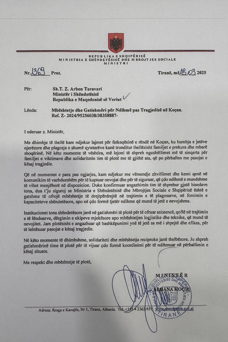 Today Ambassador <a href="/DenionMeidani/">Ambassador Denion Meidani</a> delivered to me a letter from 🇦🇱MoH <a href="/albana_kociu/">Albana Koçiu</a> to 🇲🇰MoH <a href="/TaravariArben/">Arben Taravari</a>, expressing condolences &amp; readiness to assist after the Kocani tragedy. We deeply appreciate 🇦🇱support &amp; that of all our allies during this challenging time. 
Faleminderit🙏🏼