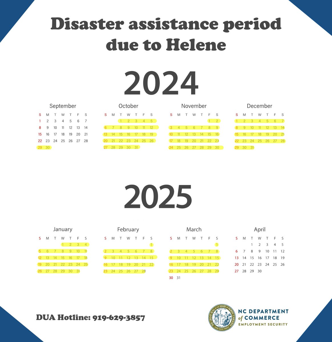 NCDES's tweet image. 👉 Disaster assistance period due to #HeleneNC is Sept. 29, 2024, through March 29, 2025. DUA benefits can only be paid out for weeks that fall within this period. DUA won't change to regular unemployment after this date. For more info: des.nc.gov/dua
#NCDES
