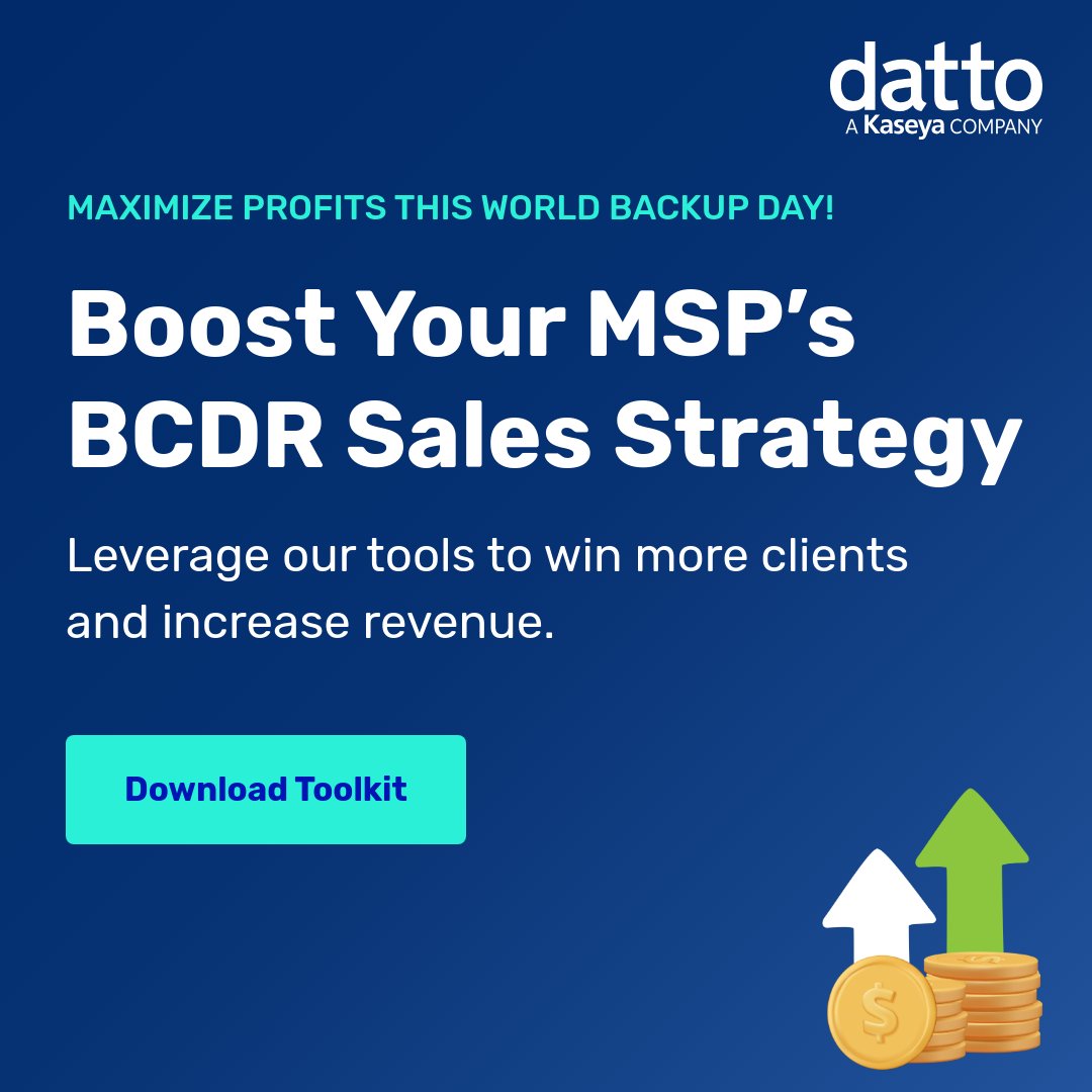 Maximize profits this #WorldBackupDay!  Show clients the real cost of downtime &amp; make BCDR an easy sell with the Datto BCDR Profitability Toolkit. Get the tools you need to close more deals &amp; keep businesses running. Download now! 👇
datto.com/resources/datt…

#BCDR #MSP