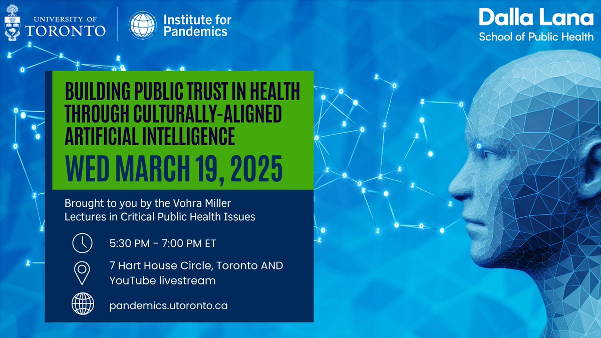 U of T Public Health (@uoft_dlsph) on Twitter photo Don’t miss tonight’s fifth-annual Vohra Miller Lectures in Critical Public Health Issues from 5:30-7:00 pm. Virtual tickets are still available: buff.ly/4b8i5VS. <a href="/UofT_Pandemics/">Institute for Pandemics</a>
#HealthEquity #AIInHealth Don’t miss tonight’s fifth-annual Vohra Miller Lectures in Critical Public Health Issues from 5:30-7:00 pm. Virtual tickets are still available: buff.ly/4b8i5VS. <a href="/UofT_Pandemics/">Institute for Pandemics</a>
#HealthEquity #AIInHealth