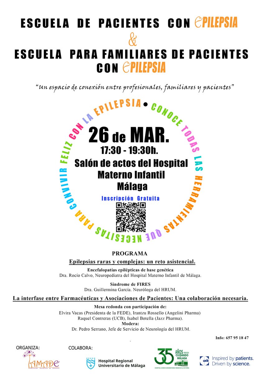 Unidad de Epilepsia del HU Regional de Málaga (@epilepsiamalaga) on Twitter photo El próximo dia 26 de Marzo, a las 17:30 horas, y como antesala de la Reunion XX Aniversario de la SAdE, celebraremos una edición especial de nuestra Escuela de Pacientes, organizada por @amade_epilepsia y con la colaboración de <a href="/neuromalaga/">Servicio de Neurología del @HRegionalmalaga</a> y de Pediatría del @hregionalmalaga. El próximo dia 26 de Marzo, a las 17:30 horas, y como antesala de la Reunion XX Aniversario de la SAdE, celebraremos una edición especial de nuestra Escuela de Pacientes, organizada por @amade_epilepsia y con la colaboración de <a href="/neuromalaga/">Servicio de Neurología del @HRegionalmalaga</a> y de Pediatría del @hregionalmalaga.